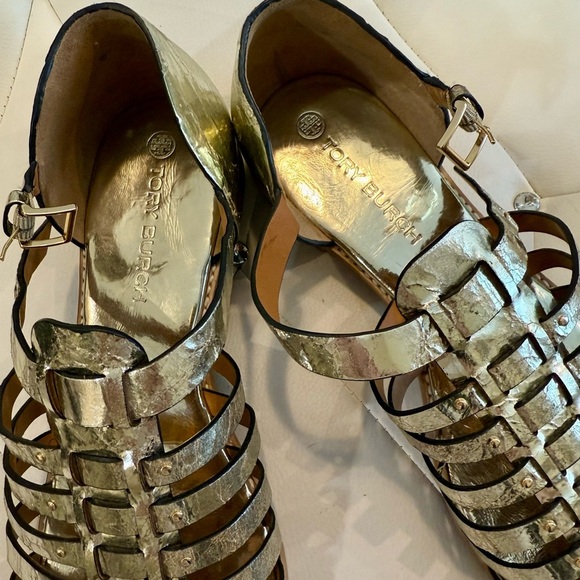 Gold Metallic Gladiator Sandals with Cage Design - Picture 2 of 5